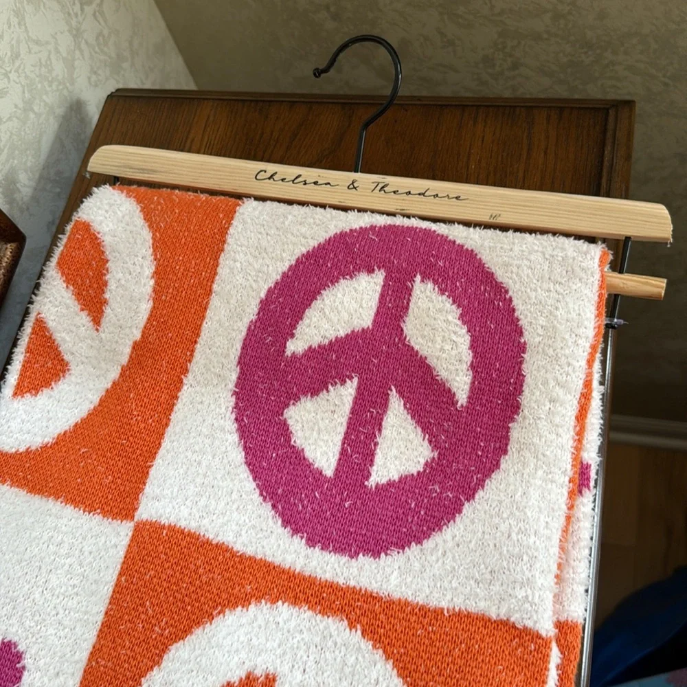 Chelsea & Theodore Peace Symbol & Flower Decrative Throw. Orange Pink & White.